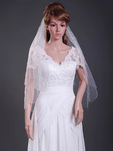 Beautiful Two-tier Elbow Wedding Veils with Beaded Edge #1430085