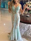 Trumpet/Mermaid V-neck Lace Floor-length Prom Dresses With Appliques Lace #Milly020113803