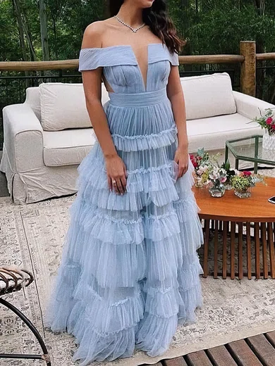 Ball Gown Off-the-shoulder Tulle Ruffle Tiered Prom Dresses #Milly020113819