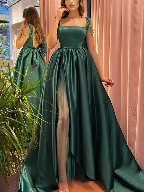 Ball Gown Square Neckline Satin Sweep Train Beading Prom Dresses #Milly020113821