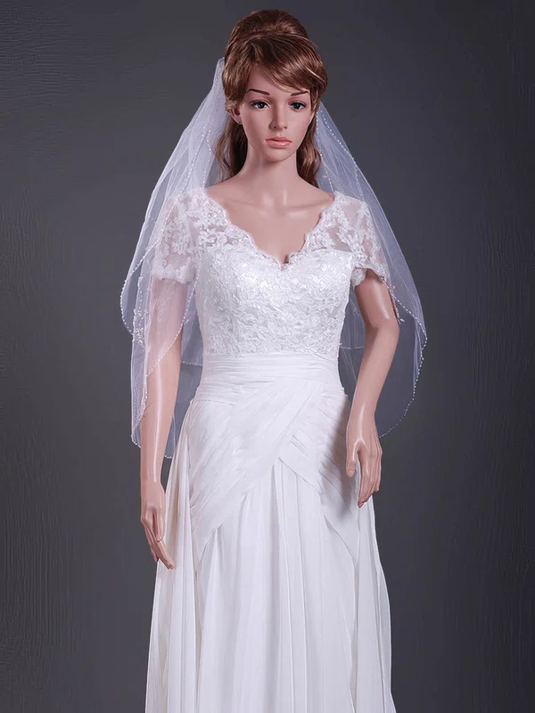 Elegant Two-tier Elbow Wedding Veils with Beaded Edge #1430090