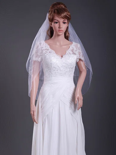 Elegant Two-tier Elbow Wedding Veils with Beaded Edge #1430090