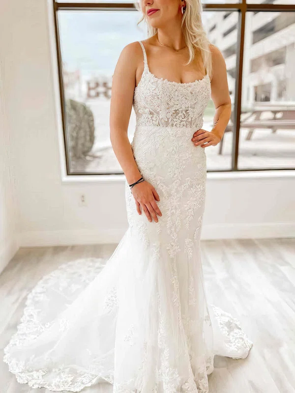 Trumpet/Mermaid Scoop Neck Lace Tulle Sweep Train Wedding Dresses With Appliques Lace #Milly00024647