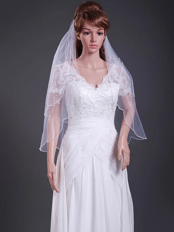 Nice Two-tier Tulle Elbow Wedding Veils with Beaded Edge #1430094