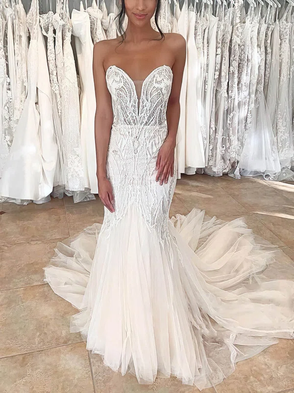 Trumpet/Mermaid V-neck Tulle Sweep Train Wedding Dresses With Lace #Milly00024694