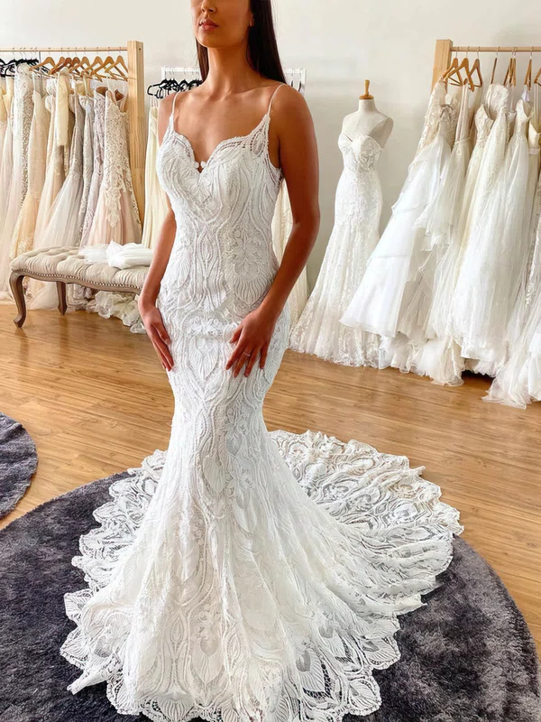 Trumpet/Mermaid V-neck Lace Sweep Train Wedding Dresses #Milly00024702