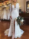 Trumpet/Mermaid V-neck Lace Sweep Train Wedding Dresses With Split Front #Milly00024709