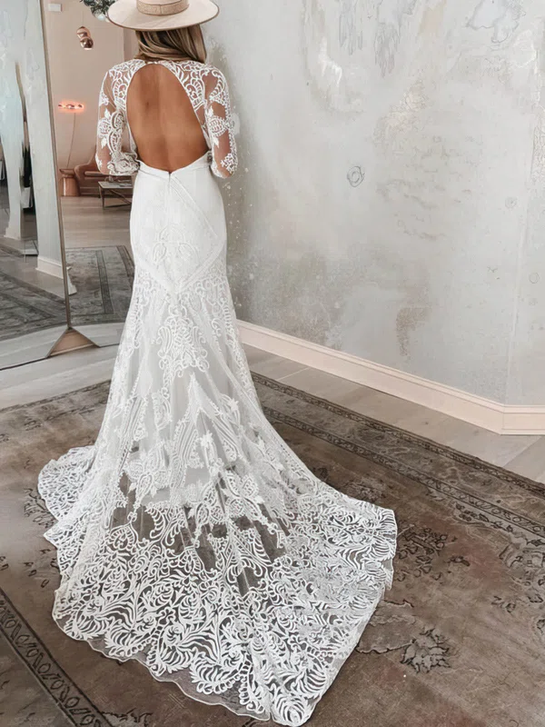 Trumpet/Mermaid V-neck Lace Sweep Train Wedding Dresses With Appliques Lace #Milly00024710