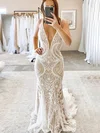 Trumpet/Mermaid V-neck Lace Sweep Train Wedding Dresses #Milly00024714