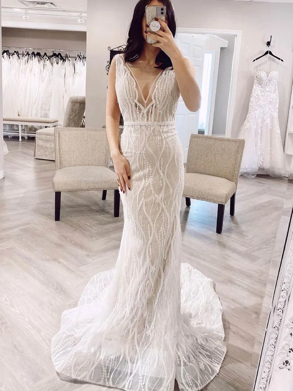 Trumpet/Mermaid V-neck Lace Tulle Sweep Train Wedding Dresses With Appliques Lace #Milly00024720