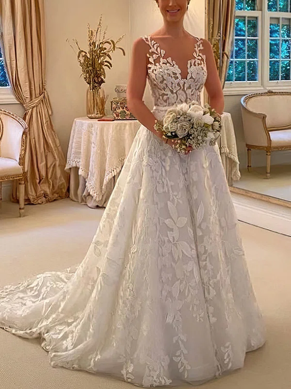 Ball Gown/Princess V-neck Lace Tulle Sweep Train Wedding Dresses With Sashes / Ribbons #Milly00024735