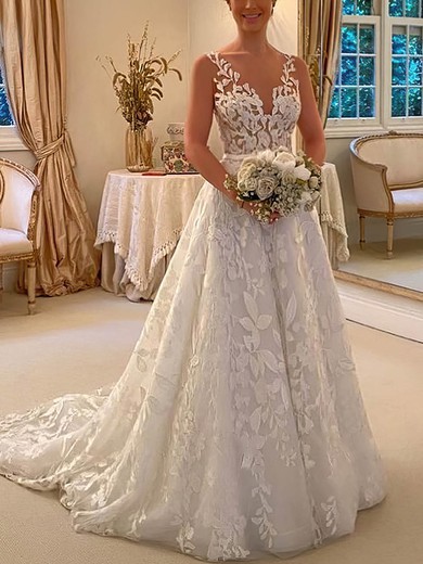 Ball Gown/Princess V-neck Lace Tulle Sweep Train Wedding Dresses With Sashes / Ribbons #Milly00024735