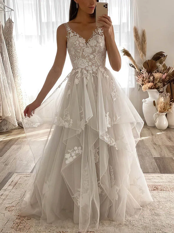 A-line V-neck Tulle Sweep Train Wedding Dresses With Cascading Ruffles #Milly00024743