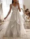 A-line V-neck Tulle Sweep Train Wedding Dresses With Cascading Ruffles #Milly00024743