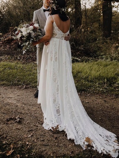 A-line V-neck Lace Chiffon Sweep Train Wedding Dresses #Milly00024763