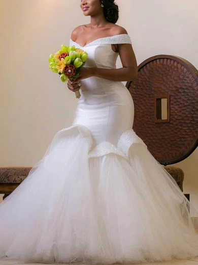 Trumpet/Mermaid Off-the-shoulder Satin Tulle Sweep Train Wedding Dresses With Beading #Milly00024783