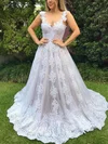 Ball Gown/Princess V-neck Tulle Sweep Train Wedding Dresses With Pearl Detailing #Milly00024810