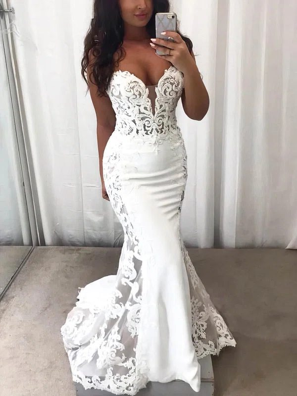 Trumpet/Mermaid V-neck Stretch Crepe Sweep Train Wedding Dresses With Beading #Milly00024846