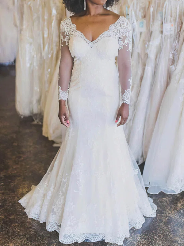 Trumpet/Mermaid V-neck Lace Sweep Train Wedding Dresses With Appliques Lace #Milly00024880