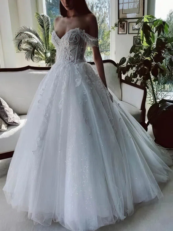 Ball Gown/Princess Off-the-shoulder Tulle Glitter Sweep Train Wedding Dresses With Appliques Lace #Milly00024915