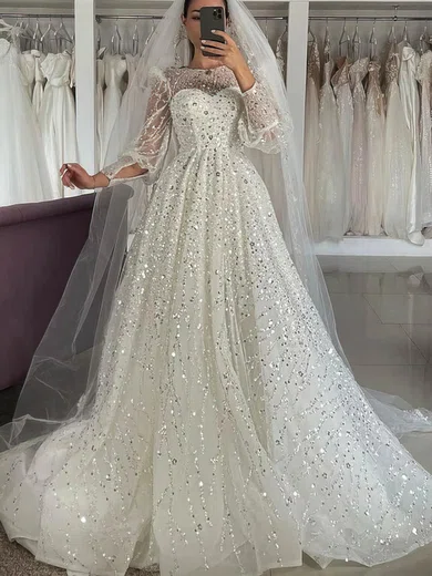 Ball Gown/Princess Scoop Neck Glitter Court Train Wedding Dresses #Milly00024920