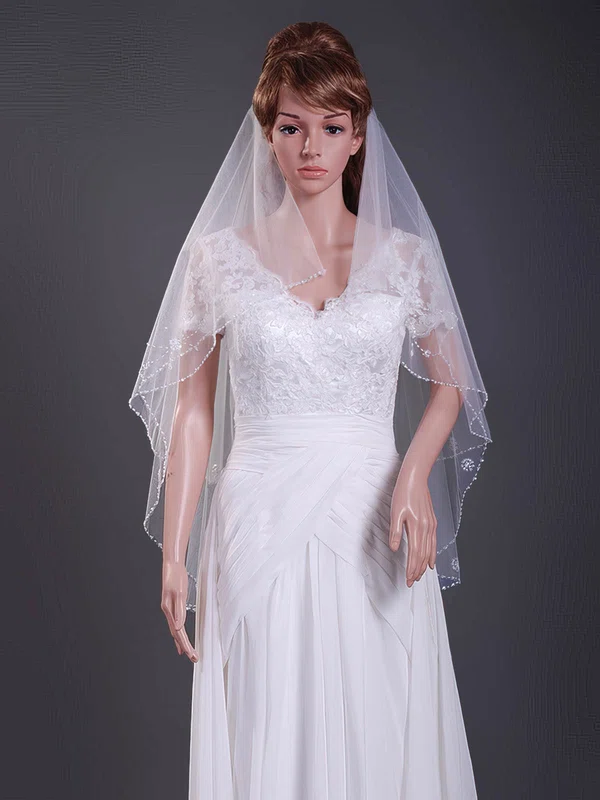 Nice Two-tier Tulle Elbow Wedding Veils with Beaded Edge #1430120