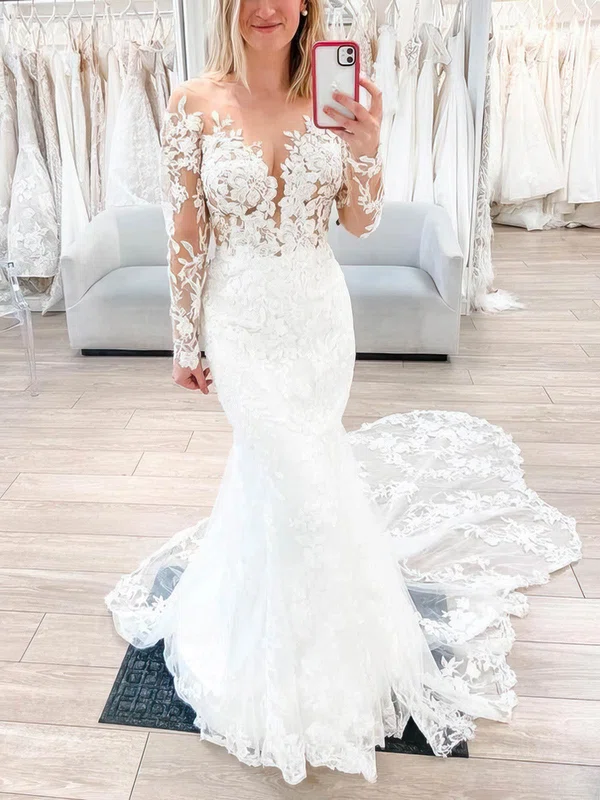 Trumpet/Mermaid Off-the-shoulder Lace Tulle Sweep Train Wedding Dresses With Appliques Lace #Milly00024972