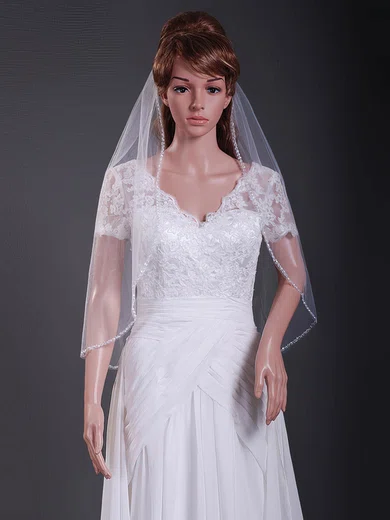One-tier Tulle Elbow Wedding Veils with Beaded Edge #1430124