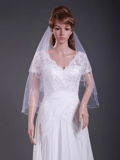 Elegant Two-tier Tulle Elbow Wedding Veils with Beaded Edge #1430125
