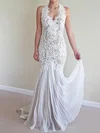 Trumpet/Mermaid V-neck Lace Tulle Sweep Train Wedding Dresses With Appliques Lace #Milly00024995