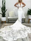 Trumpet/Mermaid V-neck Lace Stretch Crepe Court Train Wedding Dresses With Appliques Lace #Milly00025020