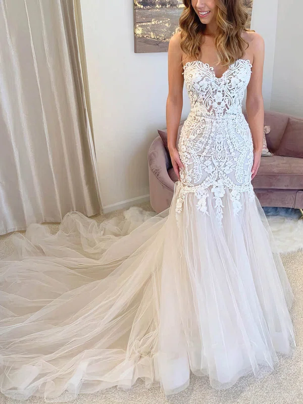 Trumpet/Mermaid Sweetheart Tulle Sweep Train Wedding Dresses With Appliques Lace #Milly00025042