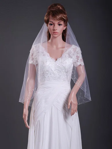 Nice Two-tier Elbow Wedding Veils with Beaded Edge #1430131