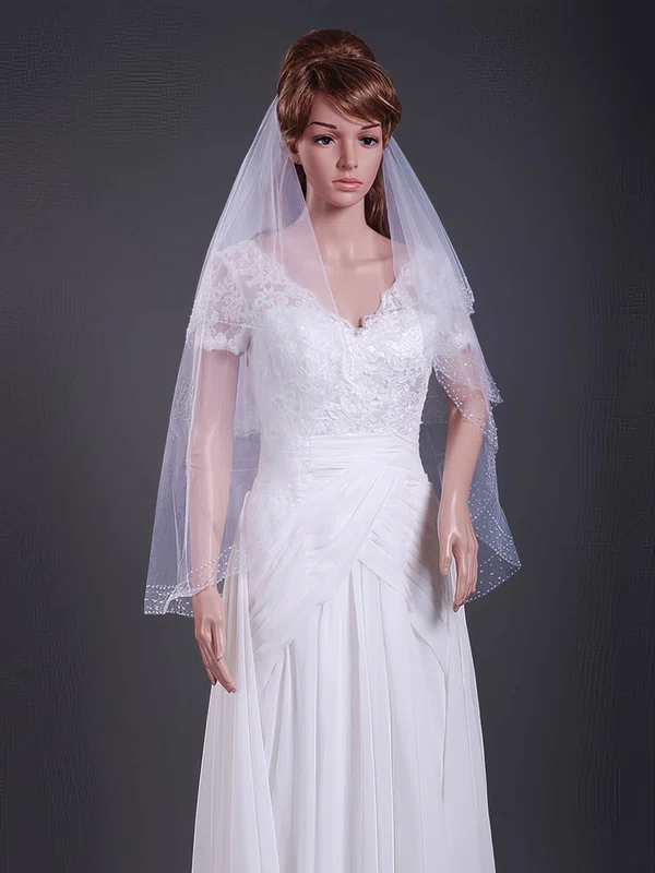 Elegant Three-tier Fingertip Wedding Veils with Beaded Edge #1430135