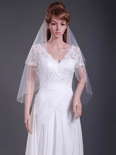 Delicate Two-tier Elbow Wedding Veils with Beaded Edge #1430137