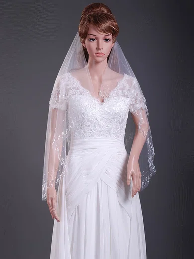 Beautiful Two-tier Fingertip Wedding Veils with Cut Edge #1430139