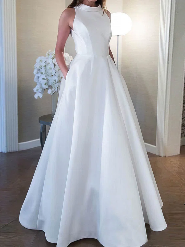 A-line High Neck Satin Sweep Train Wedding Dresses With Pockets #Milly00025141