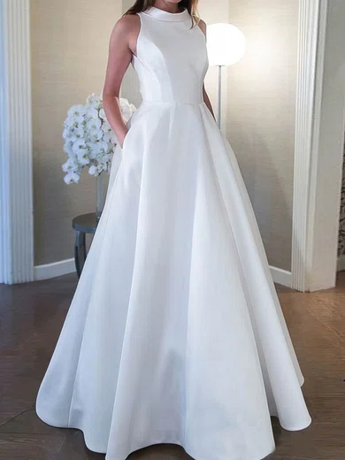 A-line High Neck Satin Sweep Train Wedding Dresses With Pockets #Milly00025141