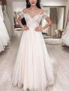 A-line Scoop Neck Tulle Sweep Train Wedding Dresses With Appliques Lace #Milly00025149