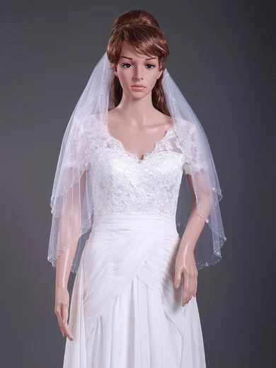 Two-tier Elbow Wedding Veils with Beaded Edge #1430141