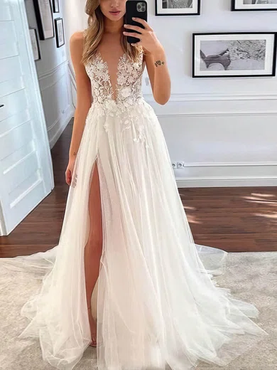 A-line V-neck Lace Tulle Sweep Train Wedding Dresses With Split Front #Milly00025154