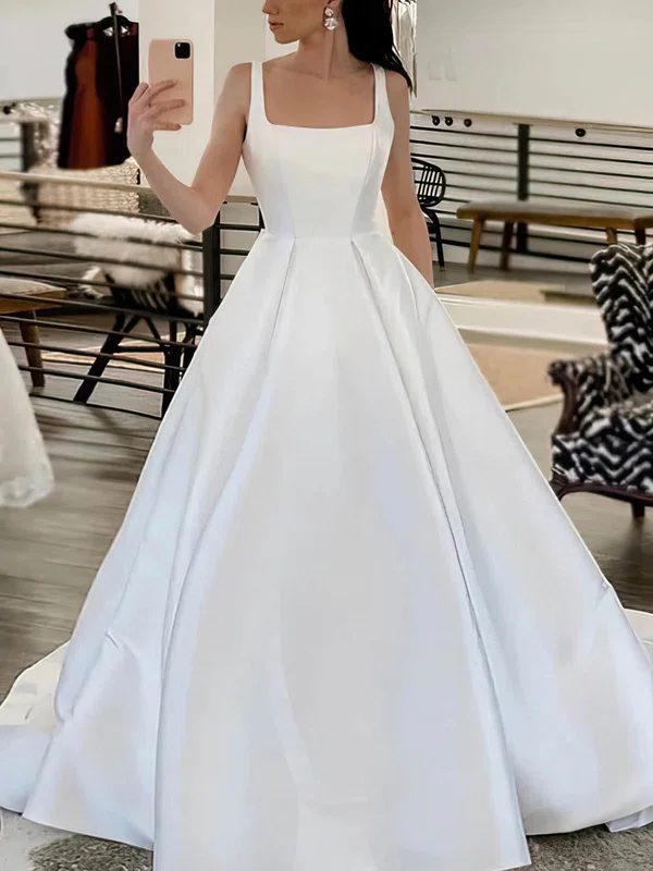 Ball Gown/Princess Square Neckline Satin Sweep Train Wedding Dresses With Pockets #Milly00025166