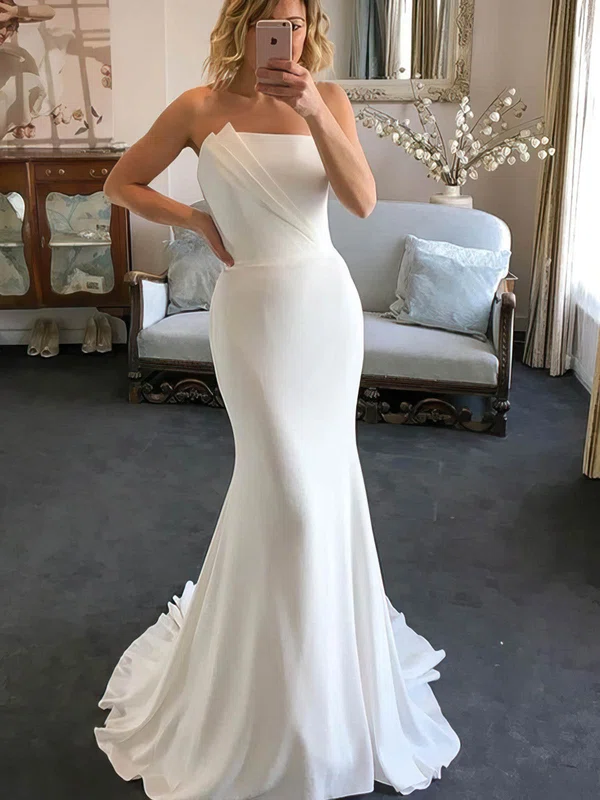 Trumpet/Mermaid Strapless Stretch Crepe Sweep Train Wedding Dresses With Ruffles #Milly00025168