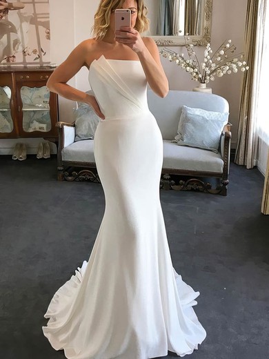 Trumpet/Mermaid Strapless Stretch Crepe Sweep Train Wedding Dresses With Ruffles #Milly00025168