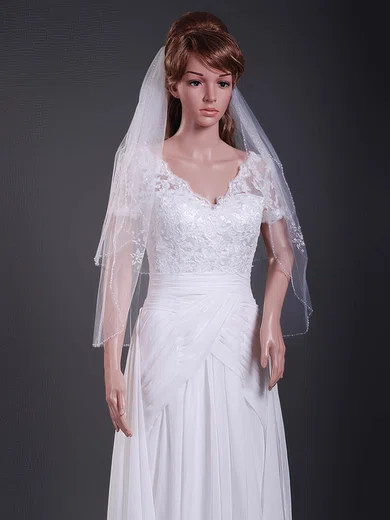 Two-tier Elbow Wedding Veils with Beaded Edge #1430144
