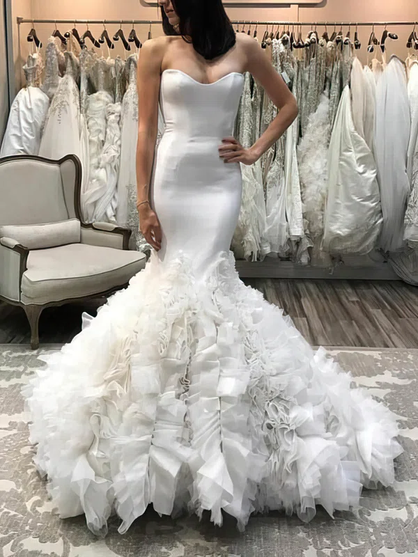 Trumpet/Mermaid Sweetheart Chiffon Stretch Crepe Sweep Train Wedding Dresses With Tiered #Milly00025210