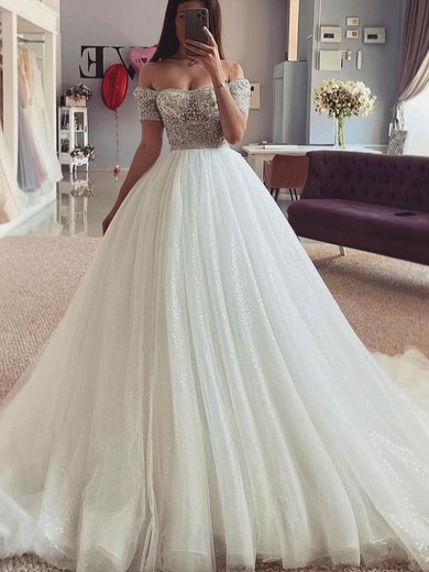 Ball Gown/Princess Off-the-shoulder Tulle Glitter Sweep Train Wedding Dresses With Crystal Detailing #Milly00025221