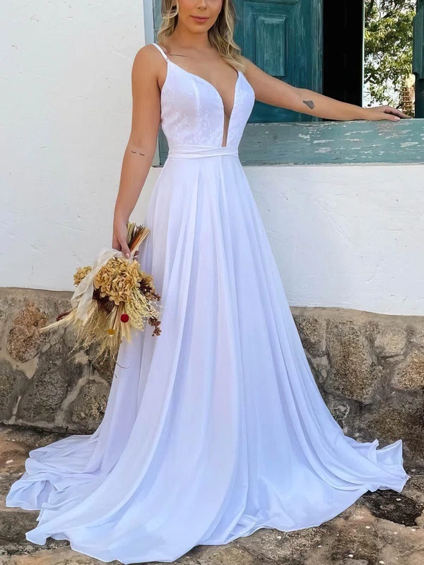 A-line V-neck Chiffon Sweep Train Wedding Dresses With Sashes / Ribbons #Milly00025227