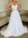 A-line V-neck Lace Tulle Sweep Train Wedding Dresses With Appliques Lace #Milly00025228