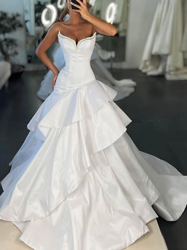 Ball Gown/Princess V-neck Satin Sweep Train Wedding Dresses With Pearl Detailing #Milly00025230